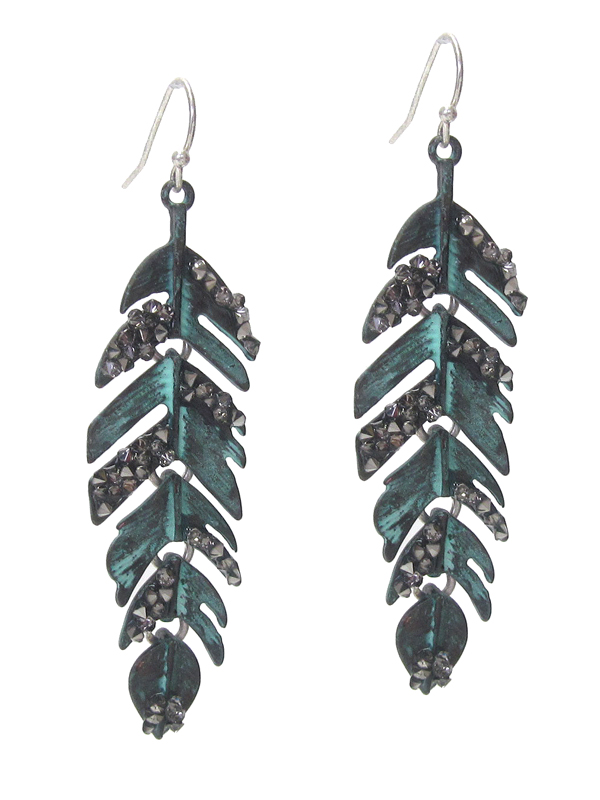 Crystal and patina feather earring