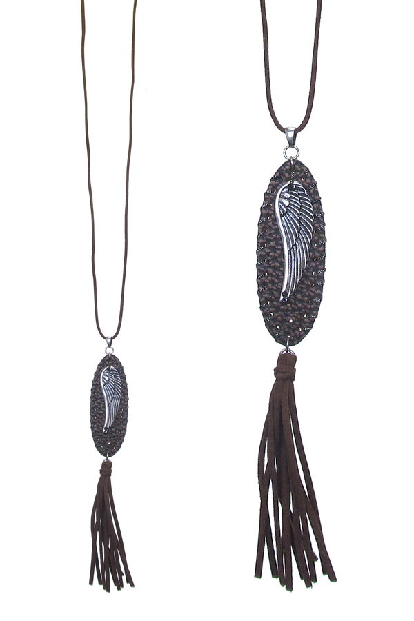 LEATHER TASSEL AND PENDANT LONG NECKLACE - ANGEL WING