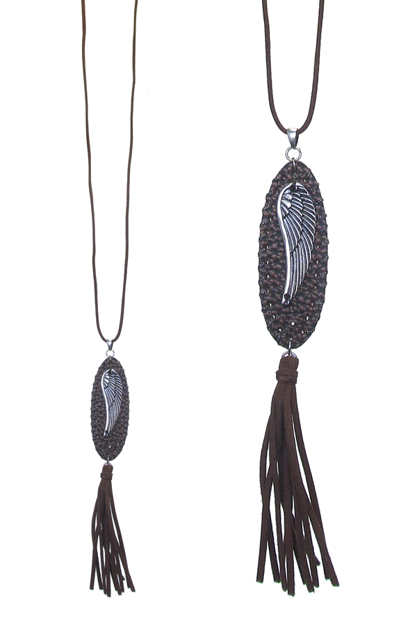 Leather tassel and pendant long necklace - angel wing