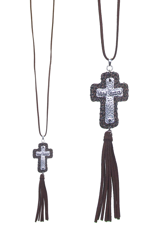 Leather tassel and pendant long necklace - cross