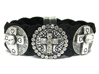 METAL CROSS STUD BRADIED CHIFFON MAGNETIC CLASP BRACELET