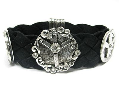 METAL PEACE MARK STUD BRADIED CHIFFON MAGNETIC CLASP BRACELET