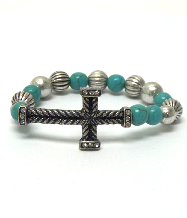 Turquoise stone and metal  beads cross stretch bracelet