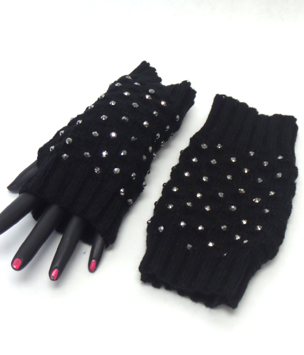 Crystals open fingertip knit gloves 
