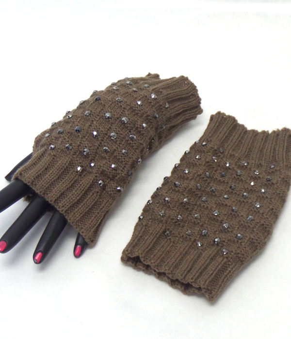 Crystals open fingertip knit gloves 