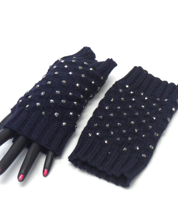 Crystals open fingertip knit gloves 