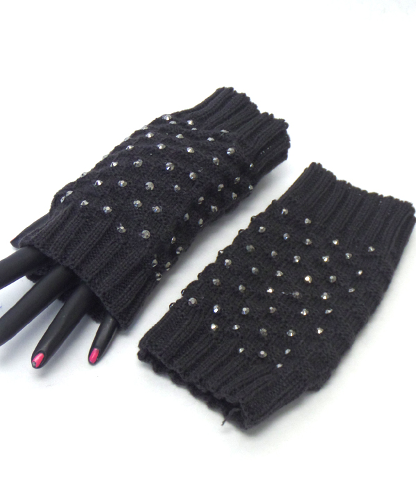 Crystals open fingertip knit gloves 