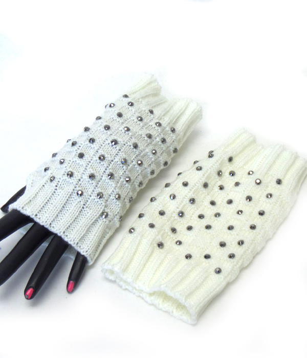 Crystals open fingertip knit gloves