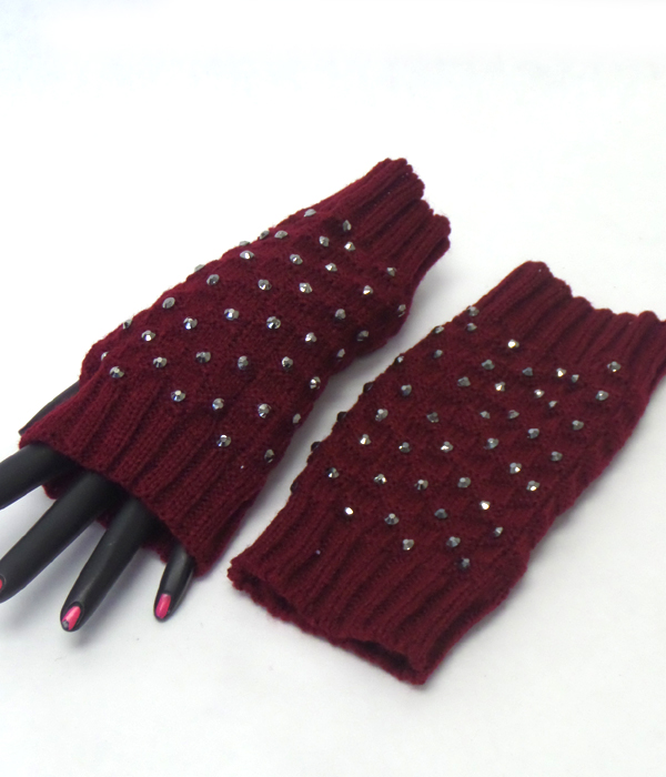 Crystals open fingertip knit gloves