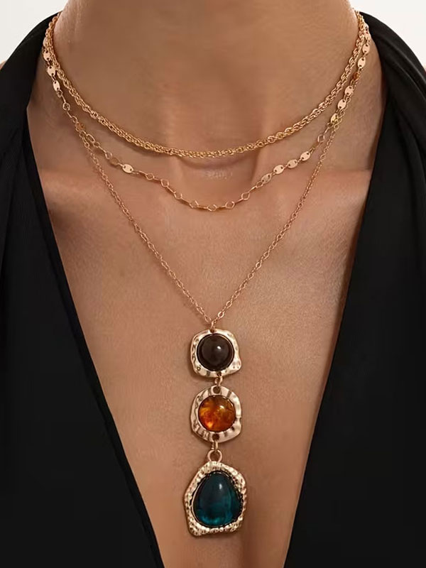 Stone link drop 3 layer choker necklace
