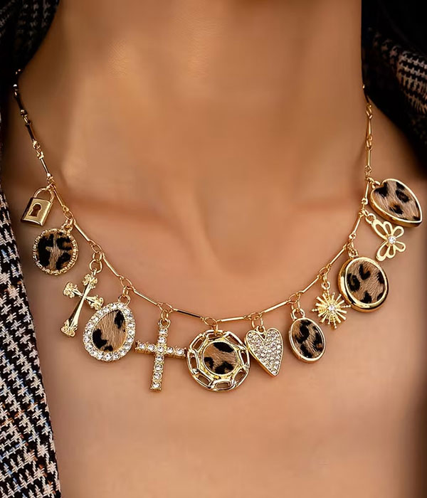 Animal print multi charm drop necklace - cross heart