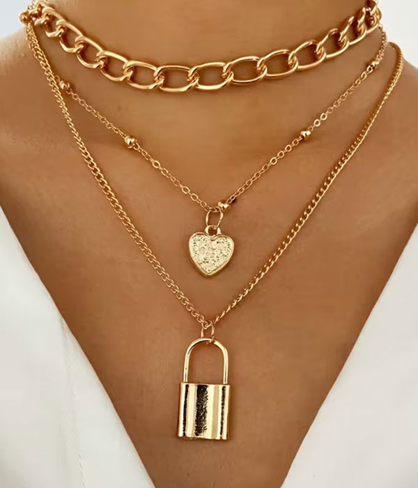 Heart and lock layered choker necklace