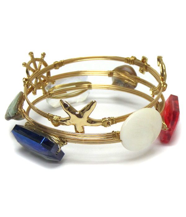 Glass and shell bourbon wire sealife theme bracelet set of 3