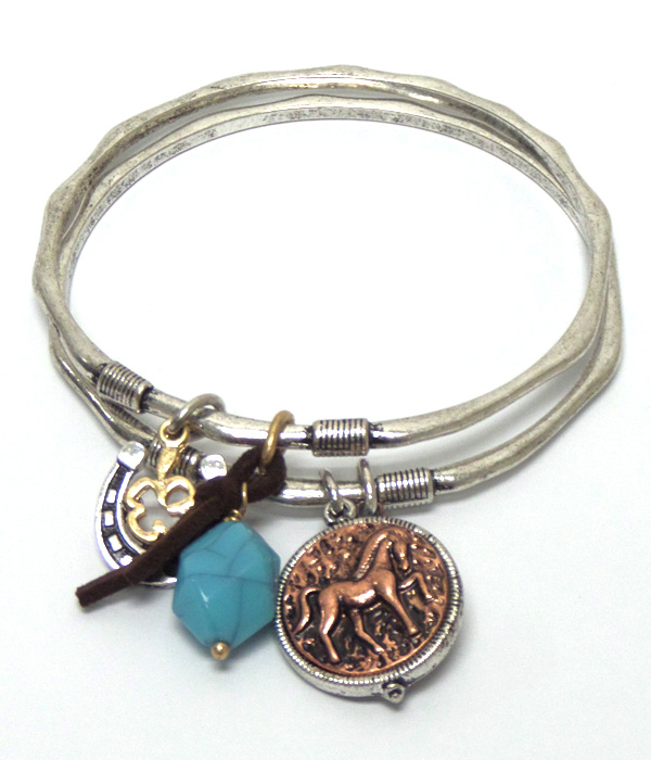 Horse theme charm bangle bracelet set of 2