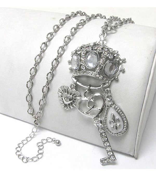 Crystal and glass deco crown and key dangle long necklace earring set
