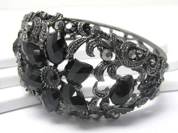 Crystal and facet glass deco flower accent metal hinge bangle