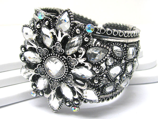 Crystal and facet glass deco flower accent metal hinge bangle