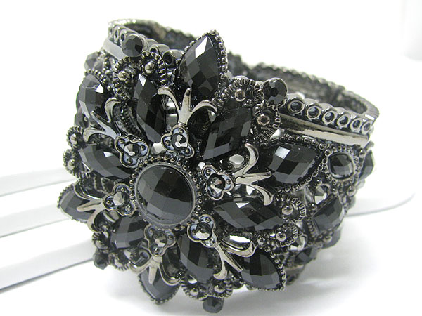 Crystal and facet glass deco flower accent metal hinge bangle