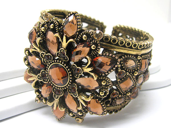 Crystal and facet glass deco flower accent metal hinge bangle