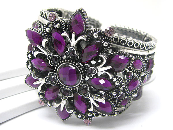 Crystal and facet glass deco flower accent metal hinge bangle