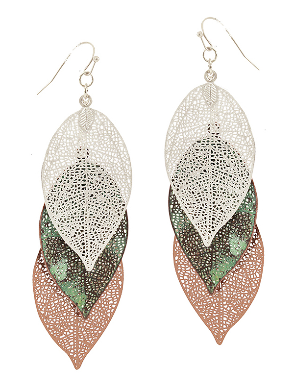 METAL FILIGREE MULTI LEAF LINK DROP EARRING