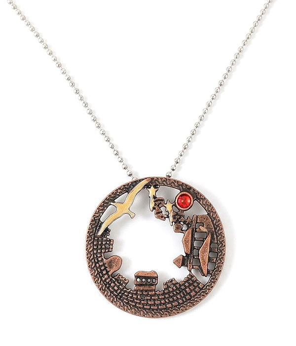 Vintage cityscape disc necklace