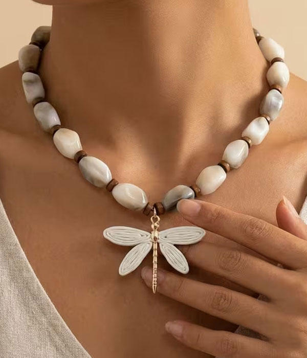 Marble bead and dragonfly pendant necklace