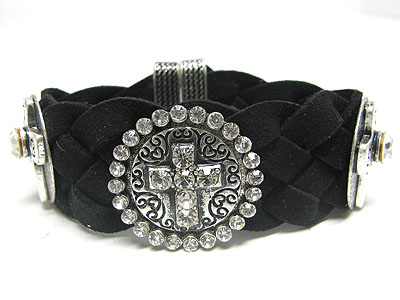 CRYSTAL ANTIQUE CROSS DECO BRAIDED FABRIC AND MAGNETIC CLASP BRACELET