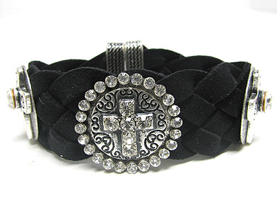 Crystal antique cross deco braided fabric and magnetic clasp bracelet