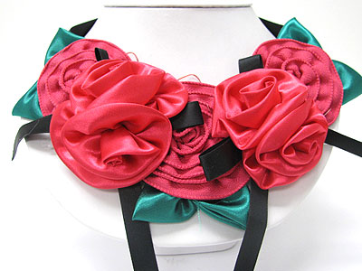 CHIFFON FABRIC FLOWER THEME  NECKLACE - RIBBON BACK BIB STYLE