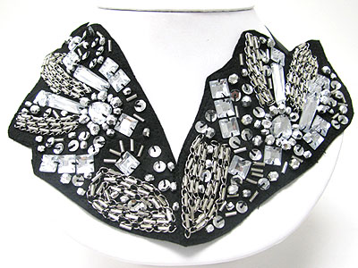Facet glass and metal chain deco chiffon ribbon back long bib style necklace