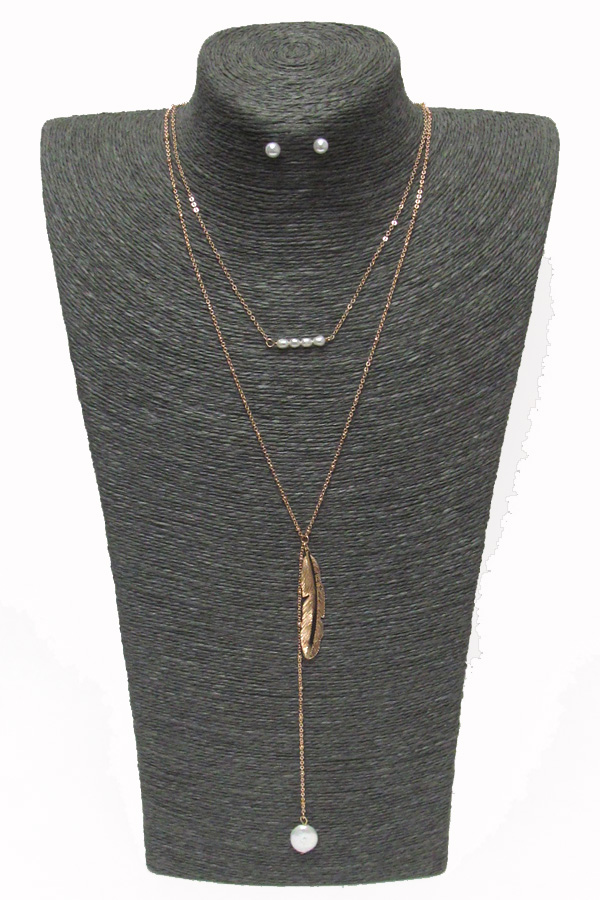 2 layer pearl feather drop necklace set 