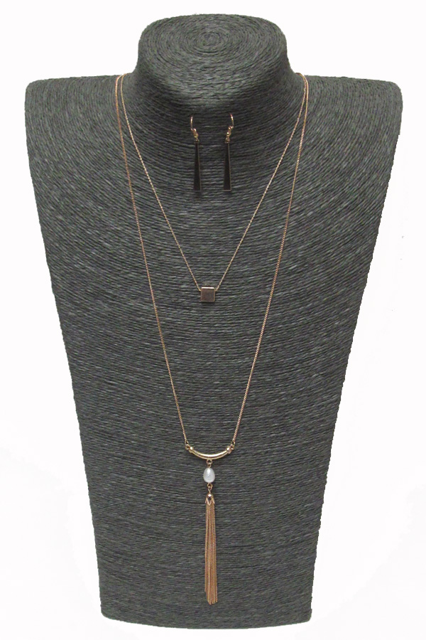 2 layer metal tassel drop necklace set