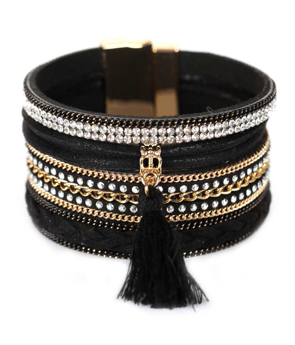 Crystal and chain on leather band magnetic bracelet