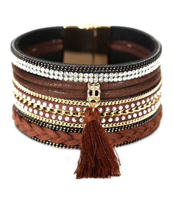 Crystal and chain on leather band magnetic bracelet