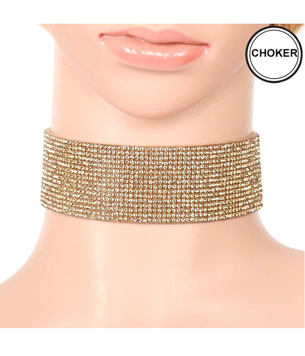 RHINESTONE ON LEATHER BAND CHOKER NECKLACE