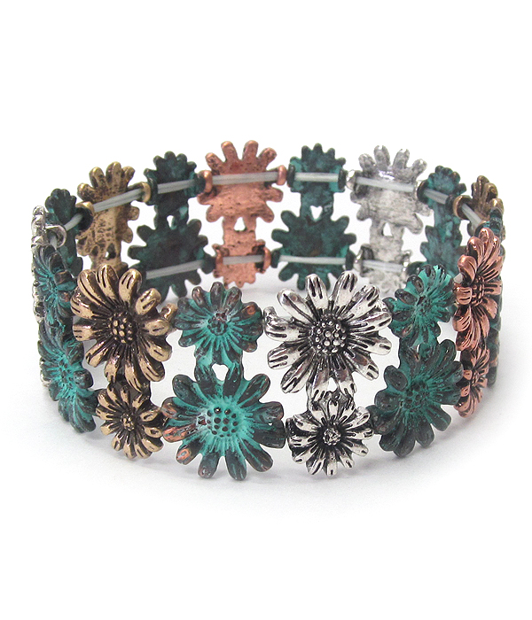 Vintage metal multi flower stretch bracelet