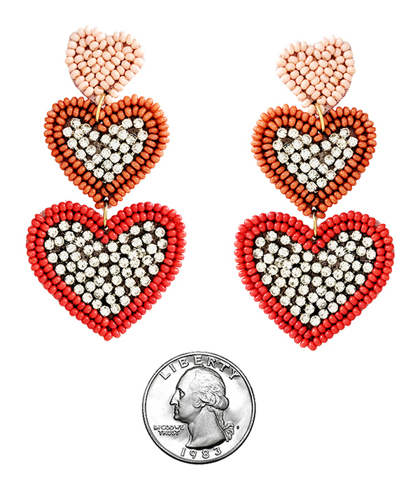 VALENTINE DAY THEME HANDMADE MULTI SEEDBEAD TRIPLE HEART DROP EARRING