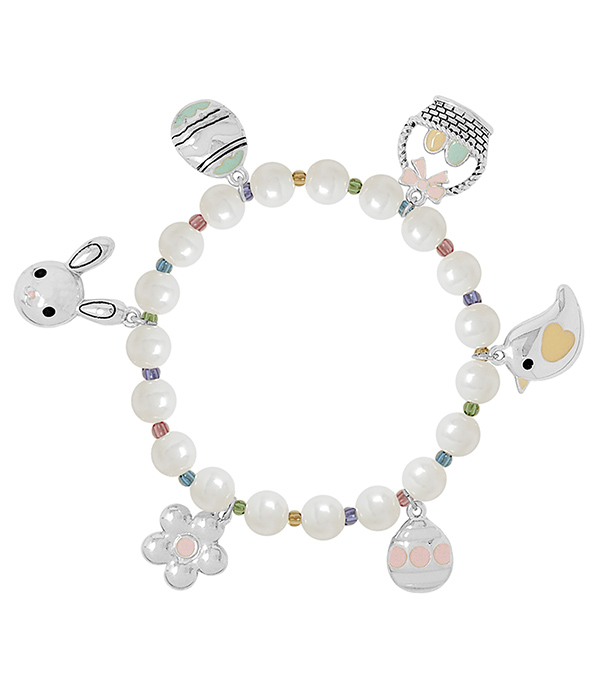 EASTER THEME MULTI CHARM AND PEARL STRETCH BRACELET