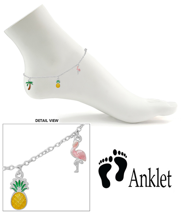 Tropical theme charm anklet - flamingo pineapple