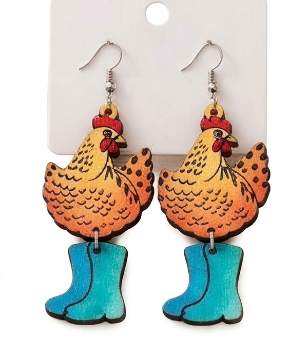 Farm chicken wood earring - boot