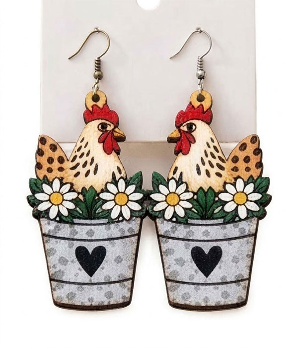 Farm chicken wood earring - bucket