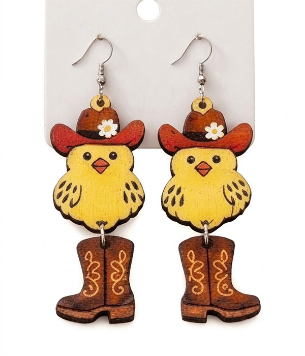 Farm chicken wood earring - cowboy boot