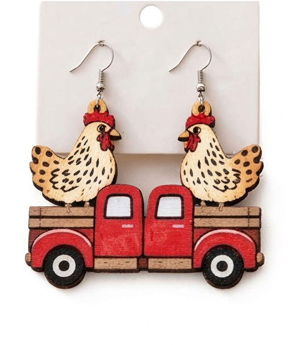 Farm chicken wood earring - truck