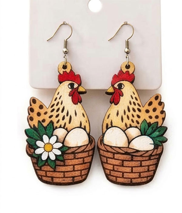 Farm chicken wood earring - egg bucket