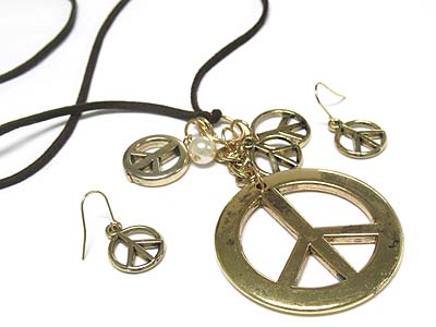 Metal peace pendant and charms suede strand necklace and earring set 