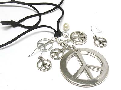 Metal peace pendant and charms suede strand necklace and earring set