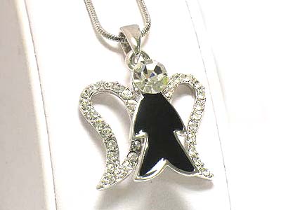 Made in korea whitegold plating crystal and onyx angel shape pendant necklace