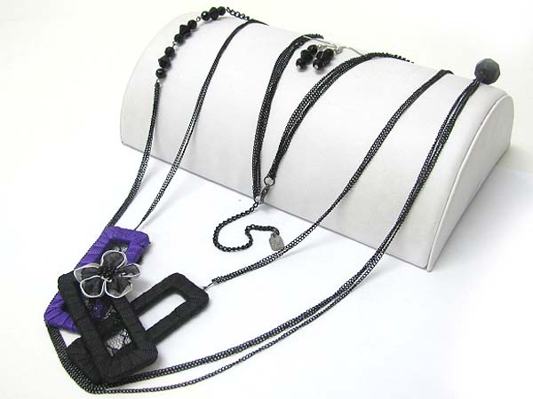 Fabric wrapped triple wood link long chain necklace earring set
