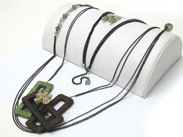 Fabric wrapped triple wood link long chain necklace earring set